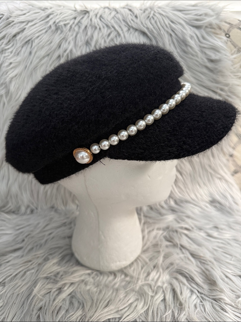 Black Fuzzy News Boy Cap Hat with Pearl Details